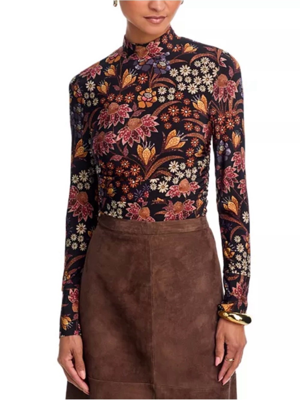 FARM Rio Black Floral Mock Neck Long Sleeve Top